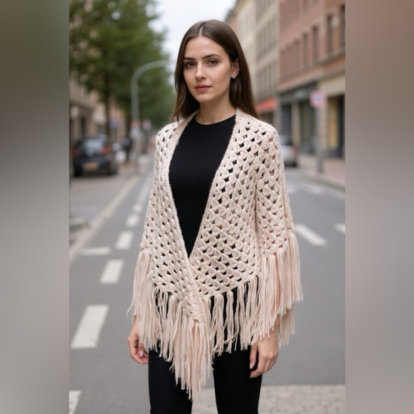 Sweaters - Light Pink Crochet Cape Sweater